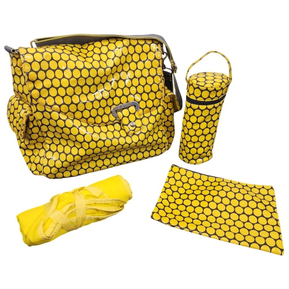 Kalencom New Orleans Laminated Diaper Bag Yellow Grey Polka Dot Bottle Holder